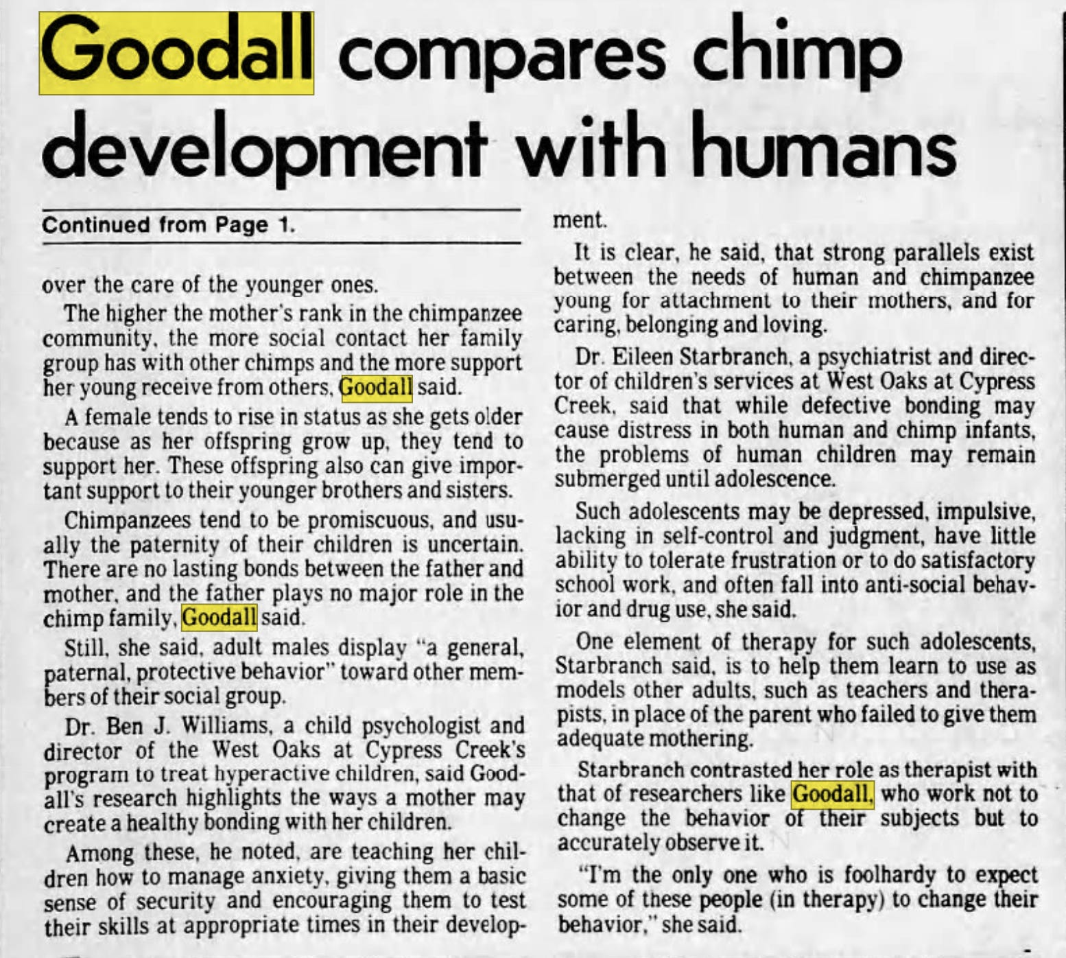 Goodall compares chimp development with humans
