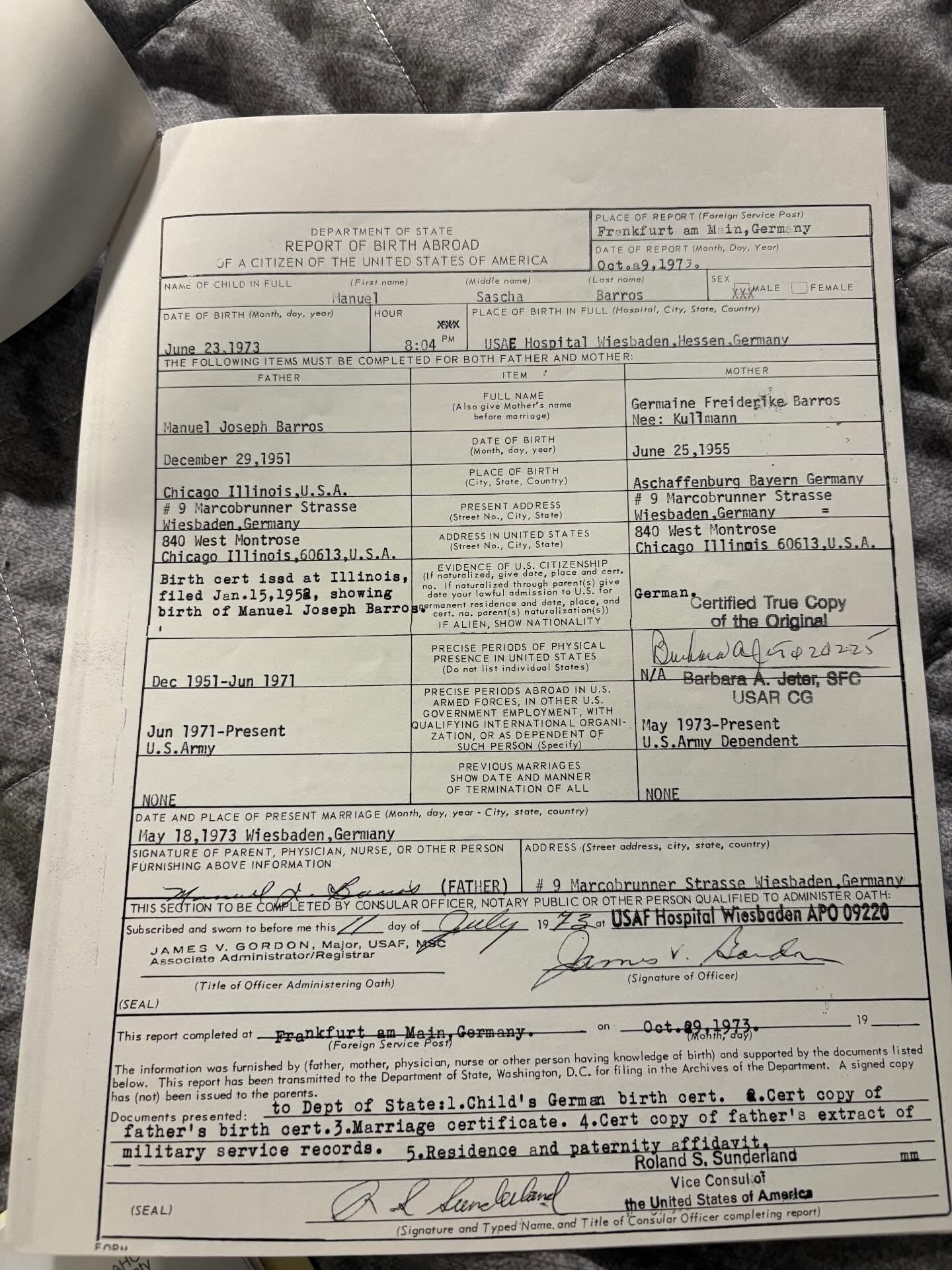 Sascha's birth certification